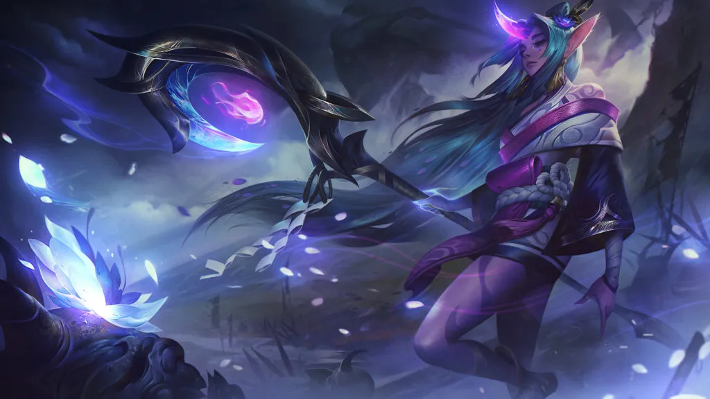 Soraka, standing posed and ready to fight, holding a staff of blue and purple energy in League of Legends.