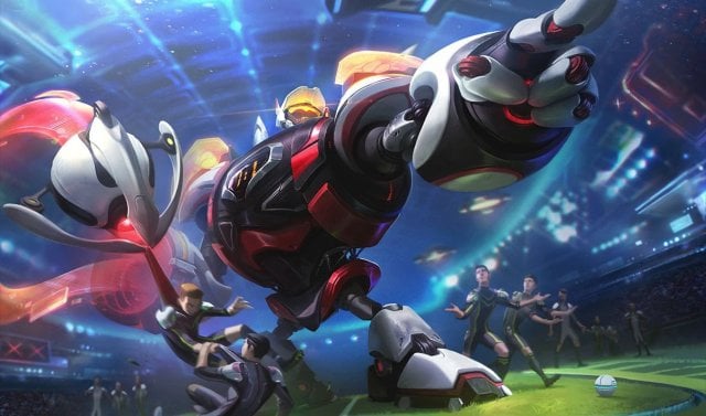 Blitzcrank pointing to the enemy player on the pitch.