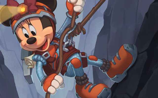 Minnie Mouse scaling down a rope in a cave exploring the Inklands