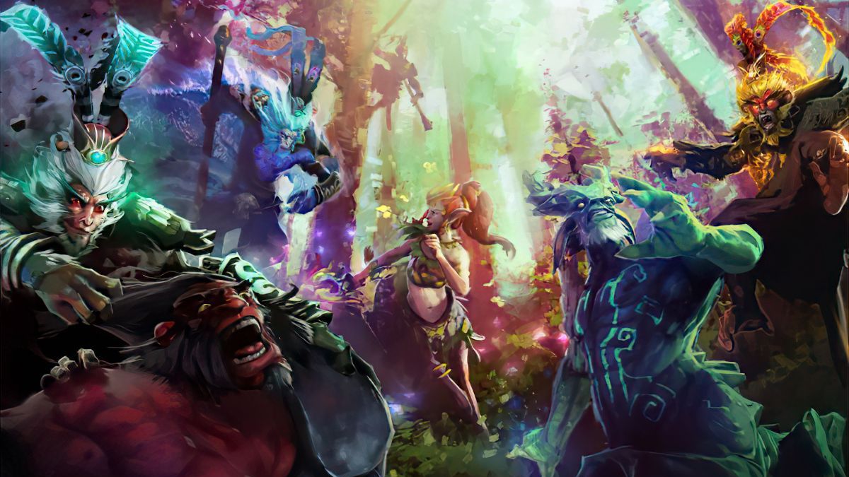 Leshrac, Monkey King, Axe, and Enchantress fighting in Dota 2.