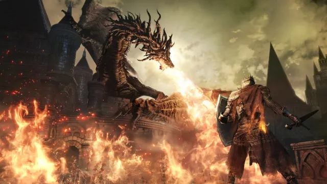 A Dark Souls character fighting a fire-breathing dragon