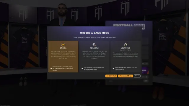 General, Real World and Your World game modes in Football Manager 2024