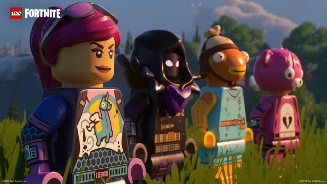 Four LEGO Fortnite characters standing next to each other.