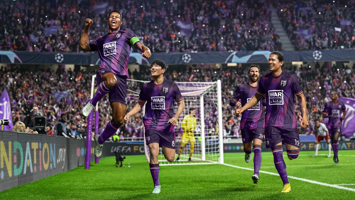 Player jumping in the air celebration in Football Manager 2024