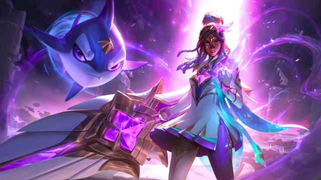 Woman with dark hair wielding gun wearing magical girl clothing in League of Legends.