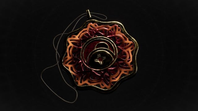 A sun-like necklace depicting a sun being eclipsed in the center sits on a black background in Remnant 2.