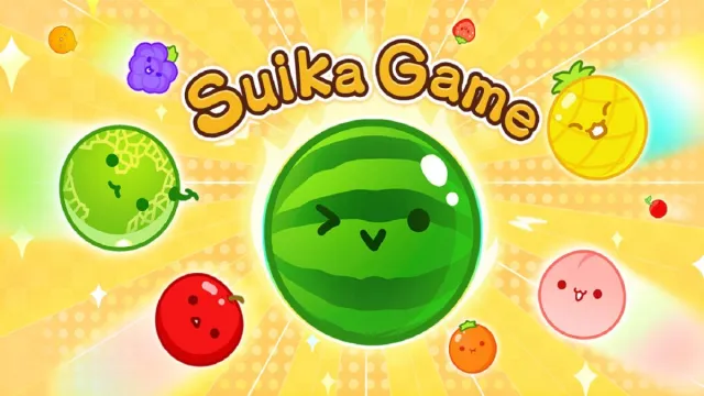 Suika Game watermelon and other fruit with emoji faces on yellow background