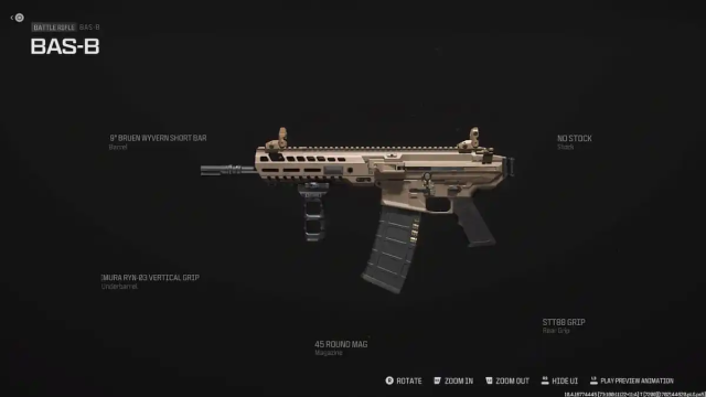 A screenshot of the BAS-B SMG build in Warzone.