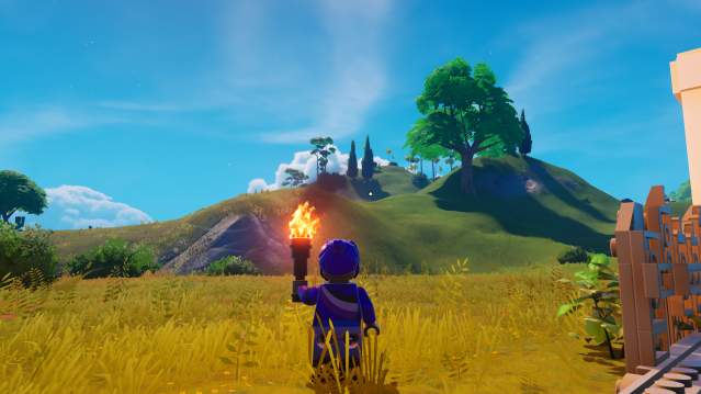 A LEGO Fortnite player holding a torch staring at a hill.