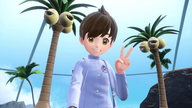 Player character posing with two Alolan Exeggutor.